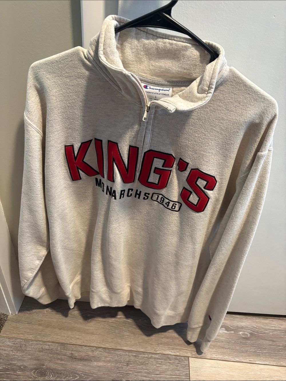 Champion Men's Cream Quarter-Zip Sweater with Red KING'S Graphic